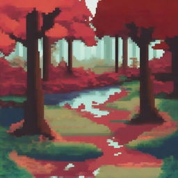 Create a pixel art scene of a red forest