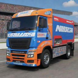 A Kamaz vehicle stylized into a NASCAR version, featuring vibrant colors, race-ready modifications, and embellished with various sponsor decals.