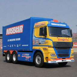 A Kamaz vehicle stylized into a NASCAR version, featuring vibrant colors, race-ready modifications, and embellished with various sponsor decals.