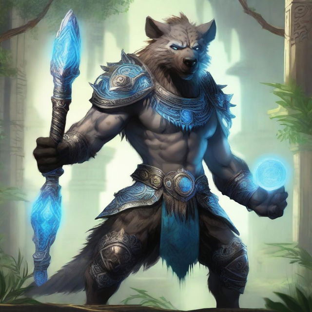 A muscular, humanoid hyena-like creature with grey fur, glowing blue eyes, and blue tribal markings