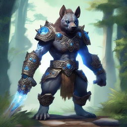 A muscular, humanoid hyena-like creature with grey fur, glowing blue eyes, and blue tribal markings