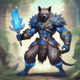 A muscular, humanoid hyena-like creature with grey fur, glowing blue eyes, and blue tribal markings