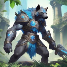 A muscular, humanoid hyena-like creature with grey fur, glowing blue eyes, and blue tribal markings