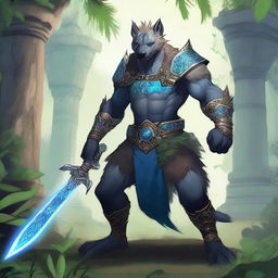 A muscular, humanoid hyena-like creature with grey fur, glowing blue eyes, and blue tribal markings