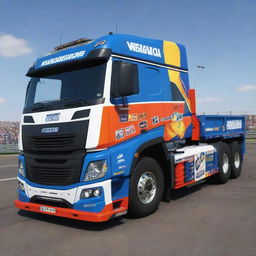 A Kamaz vehicle stylized into a NASCAR version, featuring vibrant colors, race-ready modifications, and embellished with various sponsor decals.