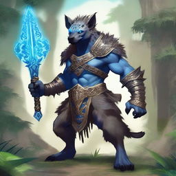 A muscular, humanoid hyena-like creature with grey fur, glowing blue eyes, and blue tribal markings