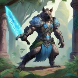 A muscular, humanoid hyena-like creature with grey fur, glowing blue eyes, and blue tribal markings