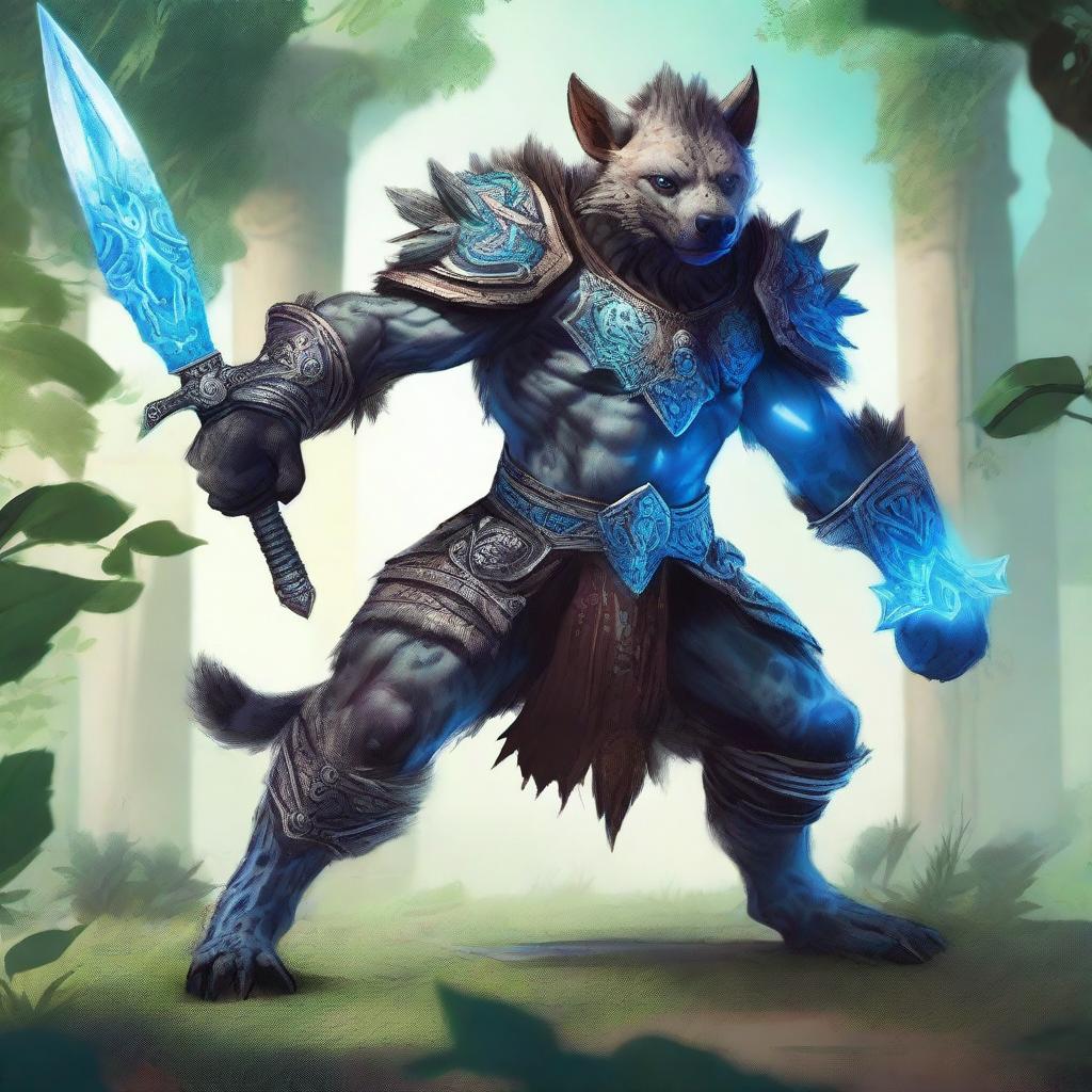 A muscular, humanoid hyena-like creature with grey fur, glowing blue eyes, and blue tribal markings