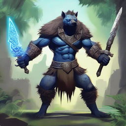 A muscular, humanoid hyena-like creature with grey fur, glowing blue eyes, and blue tribal markings