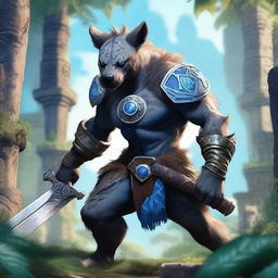 A muscular, humanoid hyena-like creature with grey fur, glowing blue eyes, and blue tribal markings