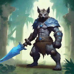 A muscular, humanoid hyena-like creature with grey fur, glowing blue eyes, and blue tribal markings