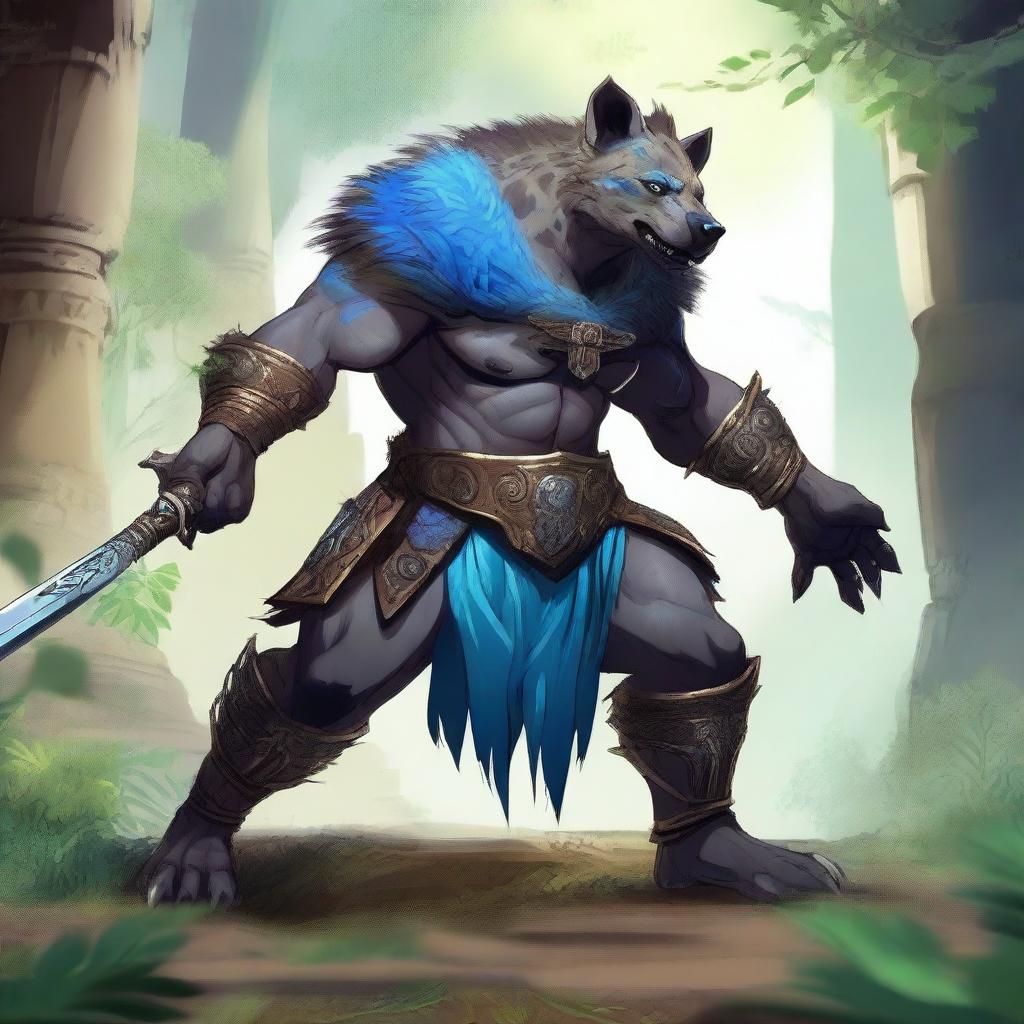 A muscular, humanoid hyena-like creature with grey fur, glowing blue eyes, and blue tribal markings