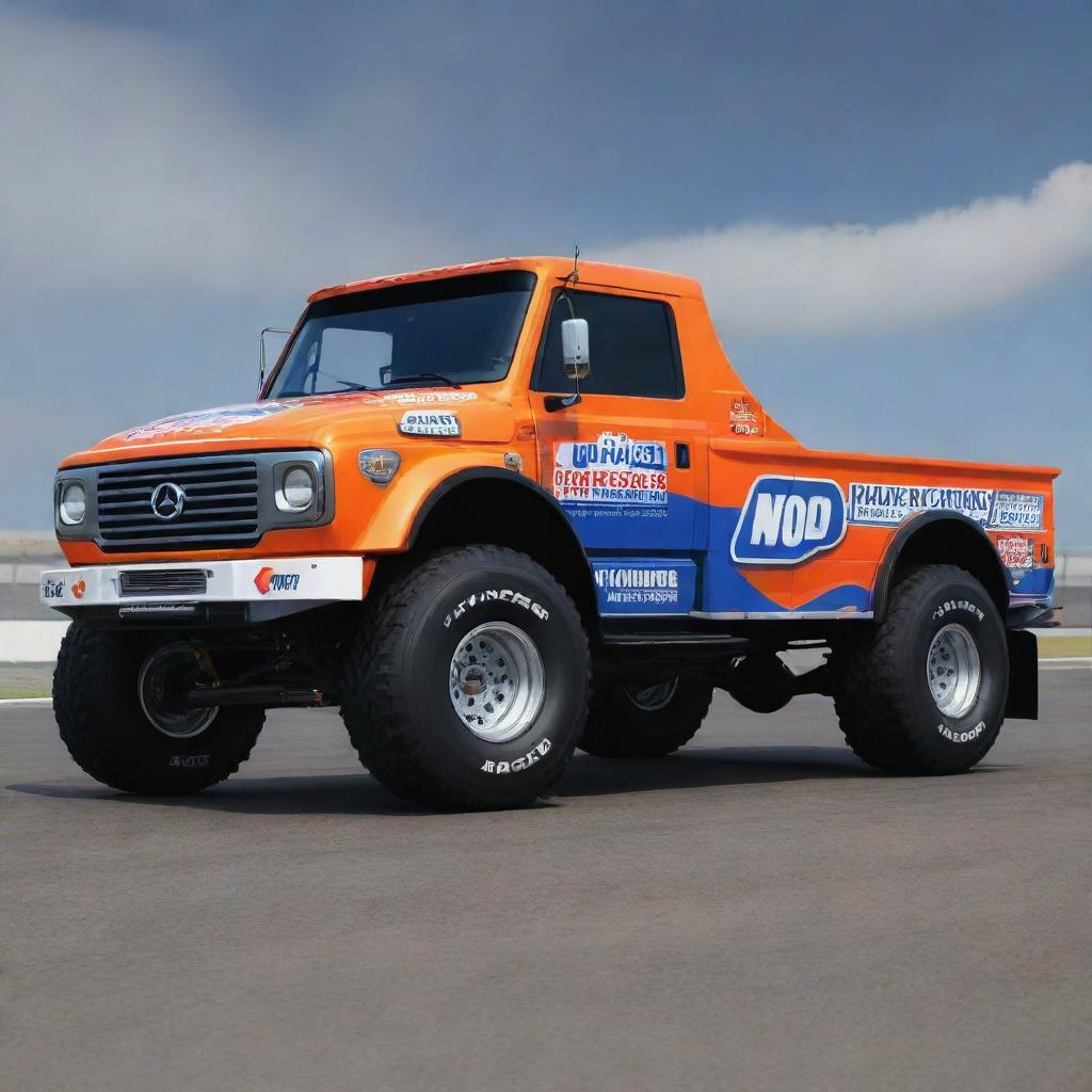 A Kamaz vehicle stylized into a NASCAR version, featuring vibrant colors, race-ready modifications, and embellished with various sponsor decals.