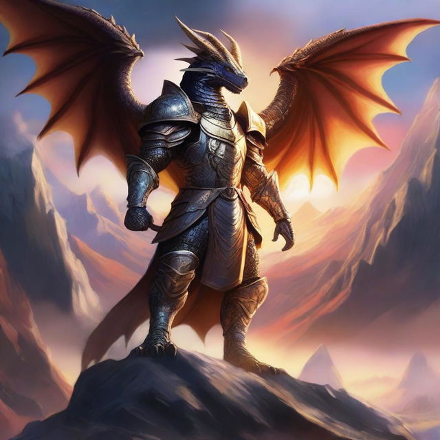 A majestic draconid paladin standing in a heroic pose, clad in gleaming armor with intricate dragon motifs