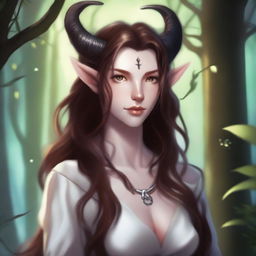 A tiefling with long brown hair, pale white skin, and brown eyes