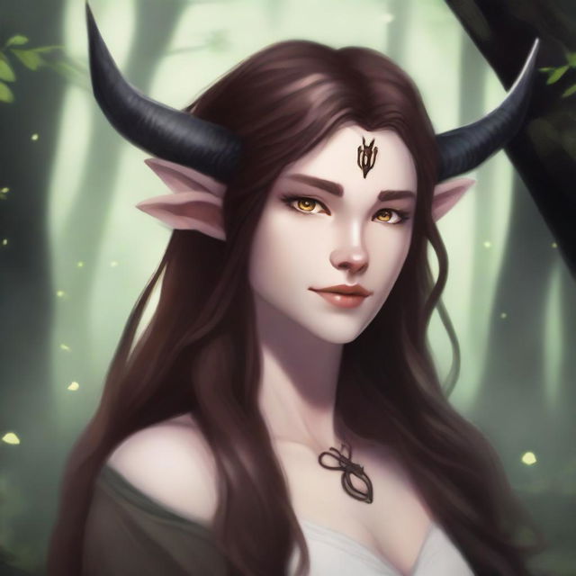 A tiefling with long brown hair, pale white skin, and brown eyes