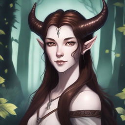 A tiefling with long brown hair, pale white skin, and brown eyes