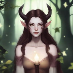 A tiefling with long brown hair, pale white skin, and brown eyes