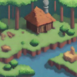 A pixel art depiction of a cozy hut in a forest