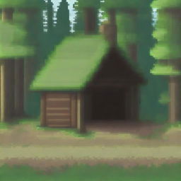 A pixel art depiction of a cozy hut in a forest