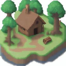 A pixel art depiction of a cozy hut in a forest