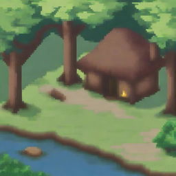 A pixel art depiction of a cozy hut in a forest