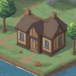 A pixel art depiction of a wooden house in a village setting