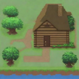 A pixel art depiction of a wooden house in a village setting