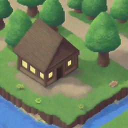 A pixel art depiction of a wooden house in a village setting