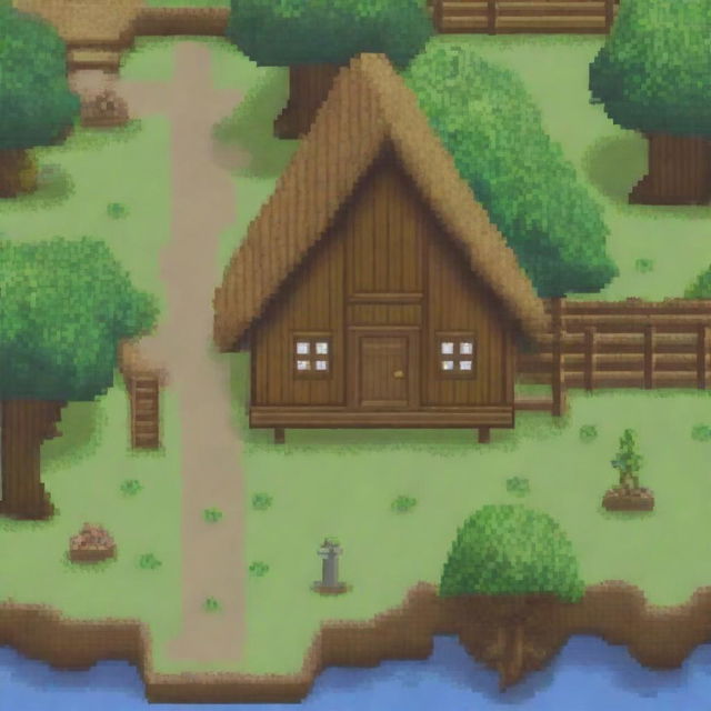 A pixel art depiction of a wooden house in a village setting