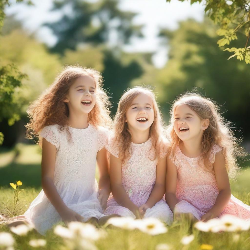 A group of young girls playing in a beautiful park, surrounded by flowers and trees