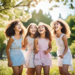 A group of young girls playing in a beautiful park, surrounded by flowers and trees