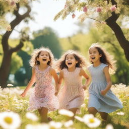 A group of young girls playing in a beautiful park, surrounded by flowers and trees