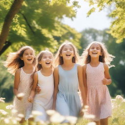 A group of young girls playing in a beautiful park, surrounded by flowers and trees