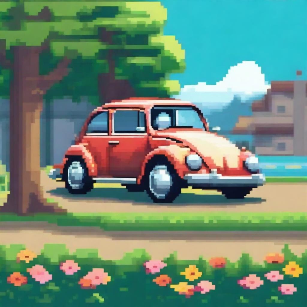 A detailed 2D pixel art illustration of a classic Volkswagen car