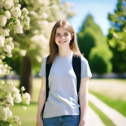 A teenage girl standing in a park, wearing casual clothes and looking happy