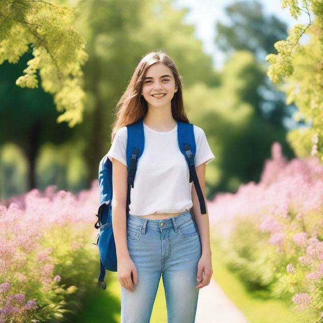 A teenage girl standing in a park, wearing casual clothes and looking happy