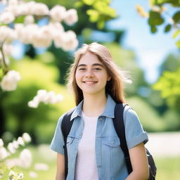 A teenage girl standing in a park, wearing casual clothes and looking happy