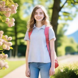 A teenage girl standing in a park, wearing casual clothes and looking happy