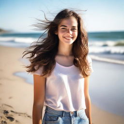 A teenage girl with brunette hair at the beach, wearing thin clothing