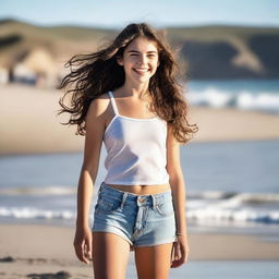 A teenage girl with brunette hair at the beach, wearing thin clothing