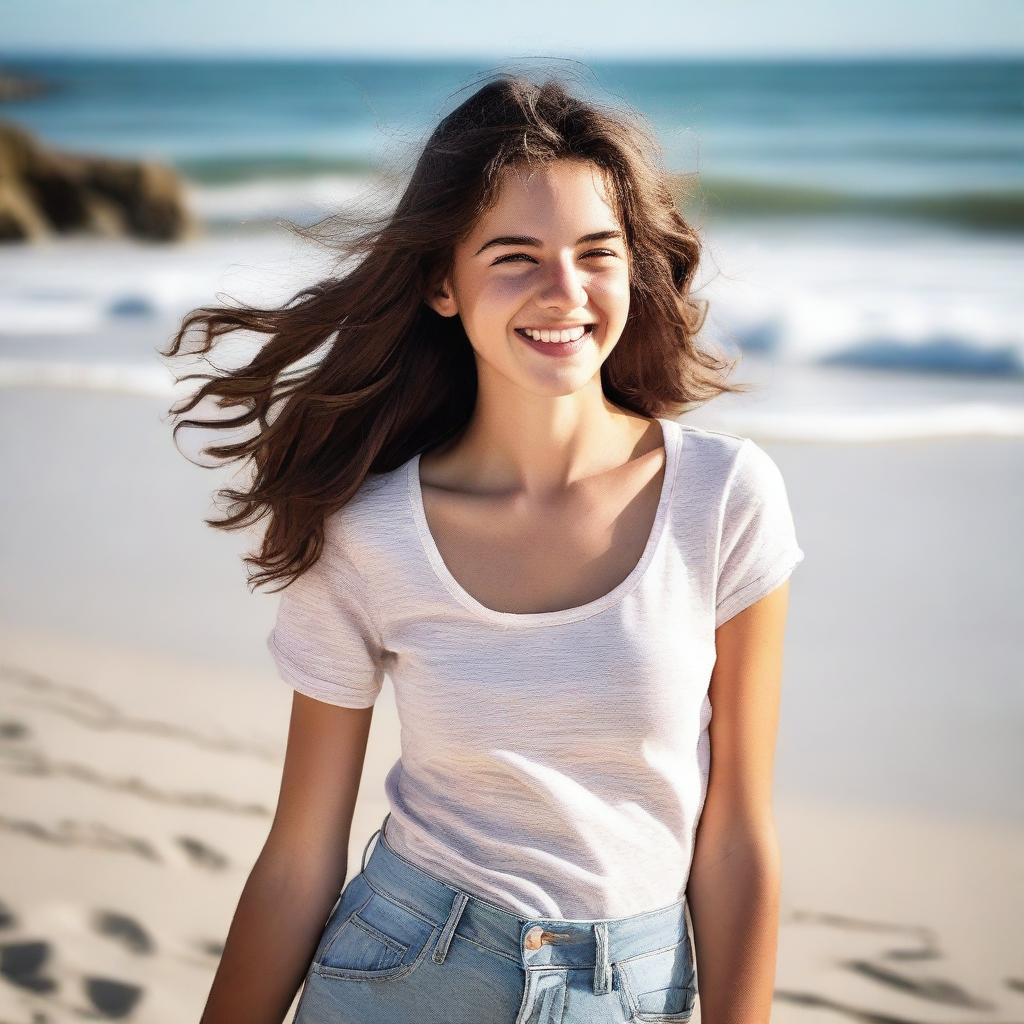 A teenage girl with brunette hair at the beach, wearing thin clothing