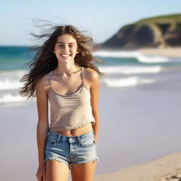 A teenage girl with brunette hair at the beach, wearing thin clothing