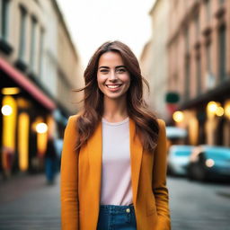 A beautiful and attractive young woman standing confidently, dressed in trendy, fashionable clothing