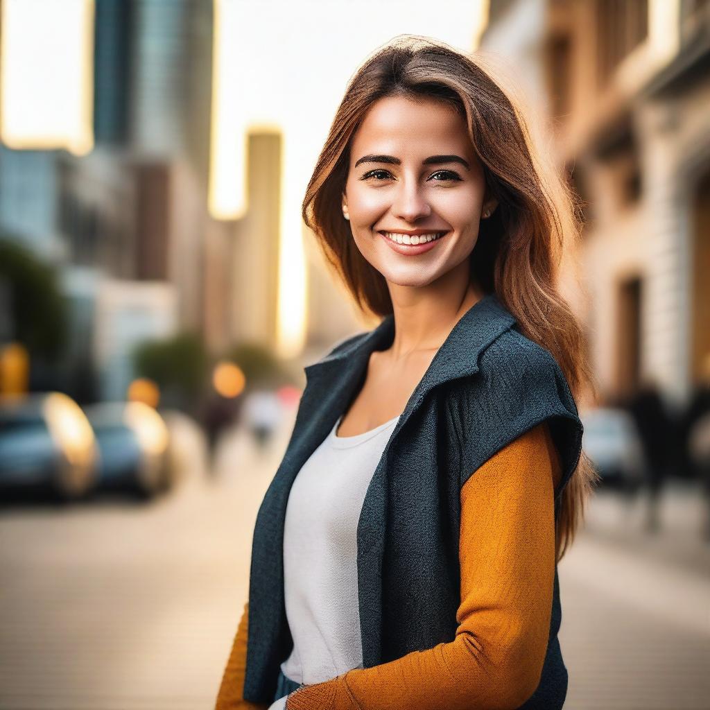 A beautiful and attractive young woman standing confidently, dressed in trendy, fashionable clothing