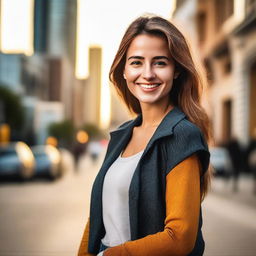 A beautiful and attractive young woman standing confidently, dressed in trendy, fashionable clothing