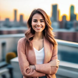 A beautiful and attractive young woman standing confidently, dressed in trendy, fashionable clothing