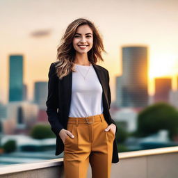 A beautiful and attractive young woman standing confidently, dressed in trendy, fashionable clothing