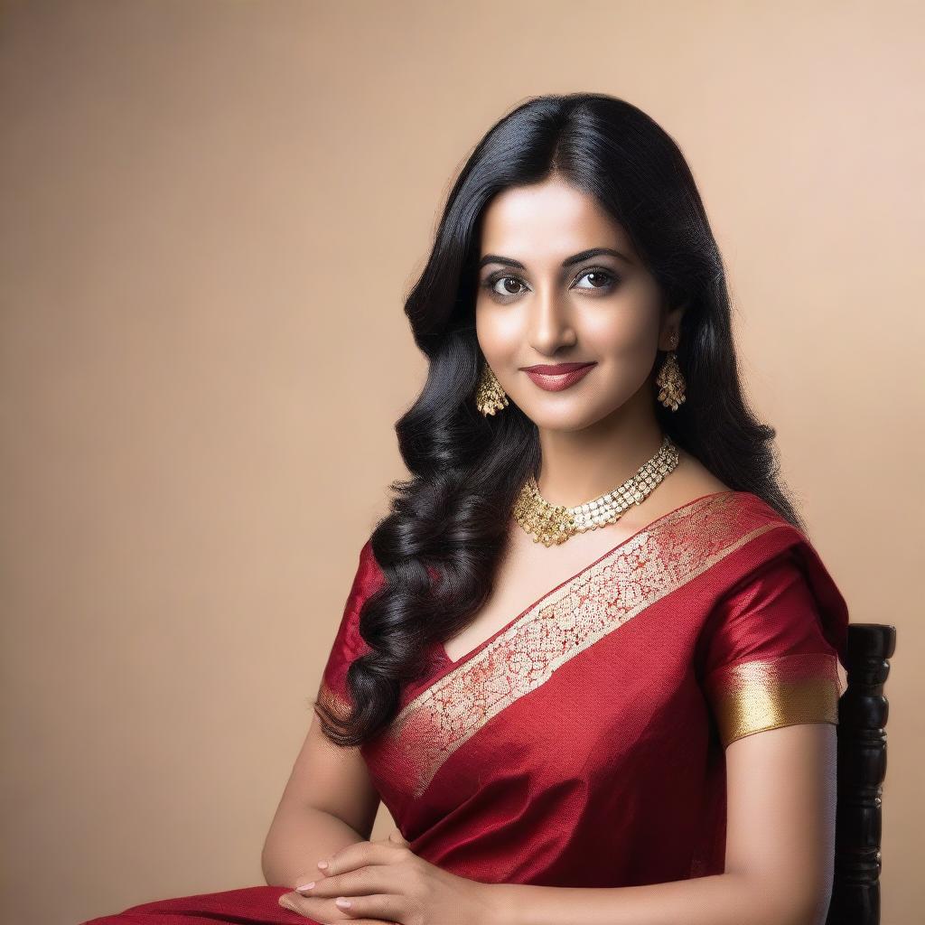 A beautiful Indian woman sitting gracefully on a chair