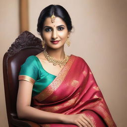 A beautiful Indian woman sitting gracefully on a chair